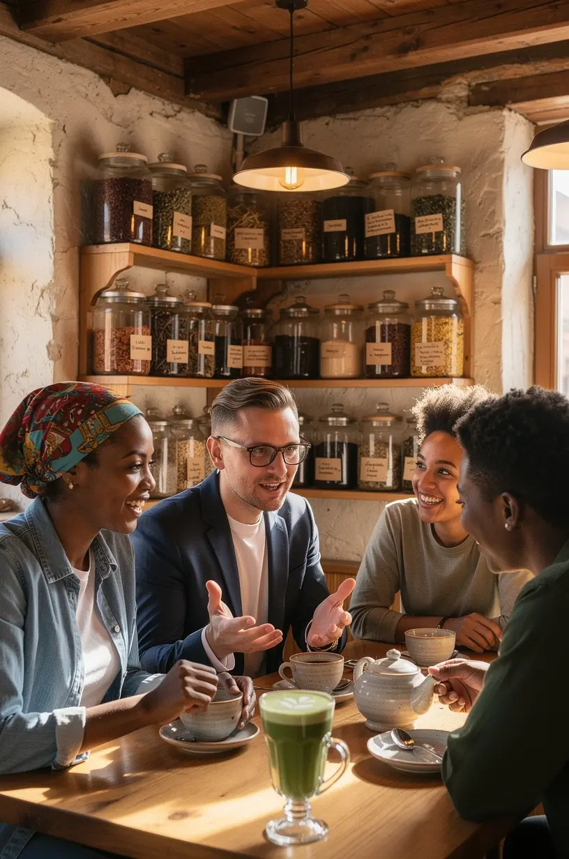 Stilingas darbo stalas su žurnalu apie sveikatingumą ir puodeliu ramios arbatos.