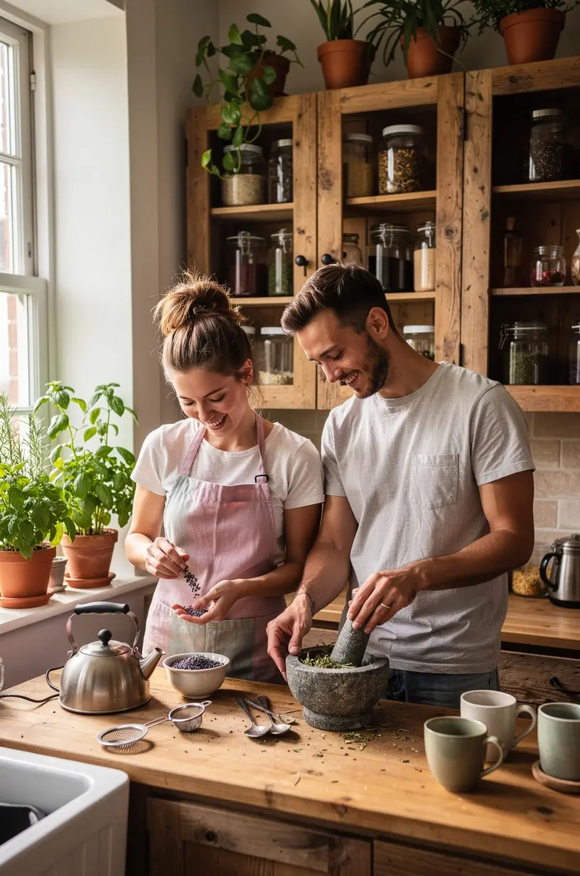 Rankos laiko arbatos puodelį šiltame, jaukiame kambaryje, skleidžiančiame ramybę.