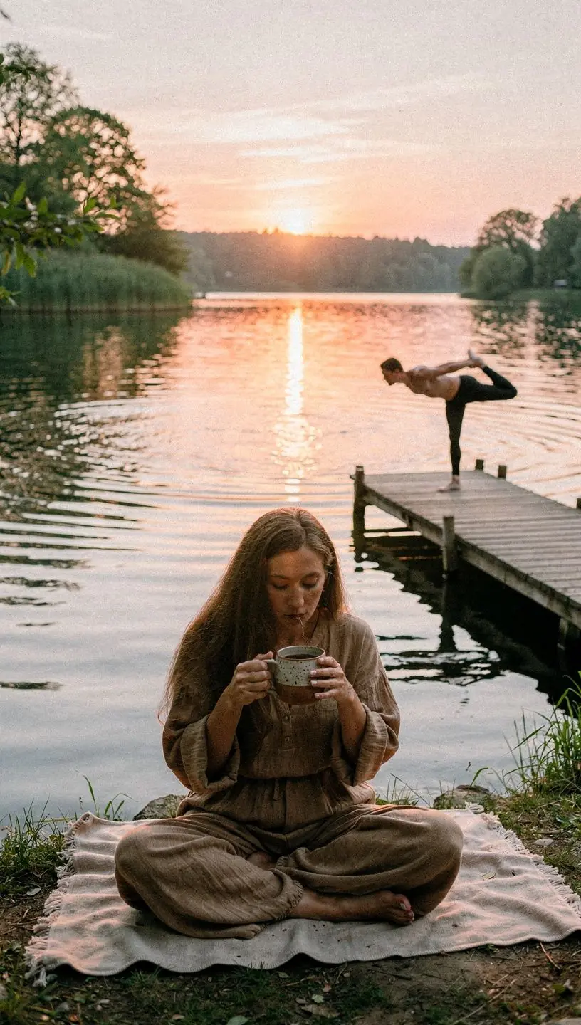 Švelnios arbatos garų srovės kylančios iš keraminio puodelio, pabrėžiančios atsipalaidavimą.