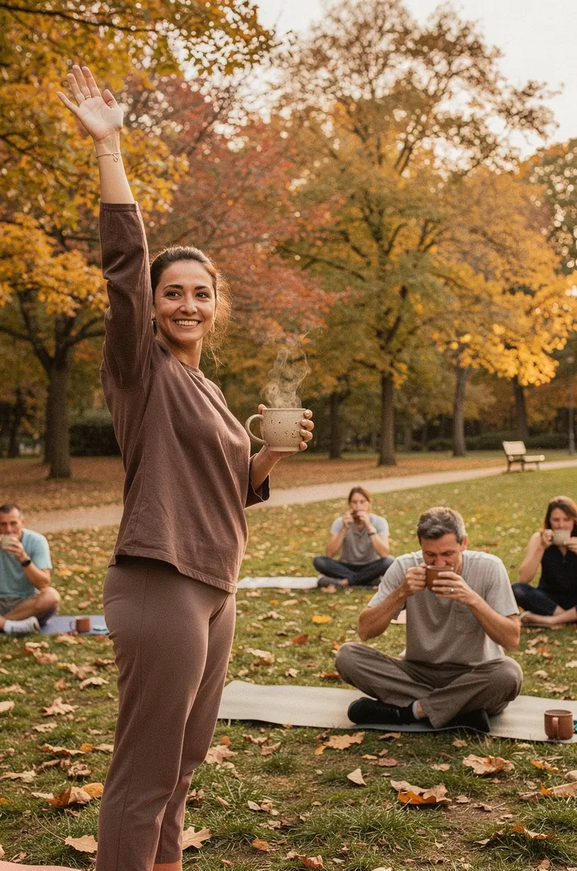 Platus vaizdas į arbatos ceremoniją gamtoje, akcentuojant kasdienio atsinaujinimo ritualus.