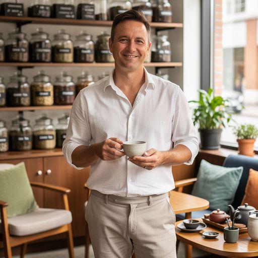 Arbatos puodelis su garuojančiu gėrimu ant medinio stalo šalia atversto sveikatingumo dienoraščio.