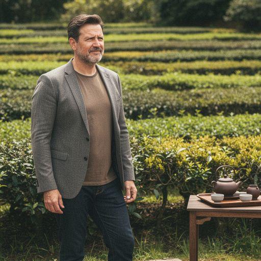 Moters ranka, laikanti arbatos puodelį prie lango, kuriame matyti rami gamtos panorama.