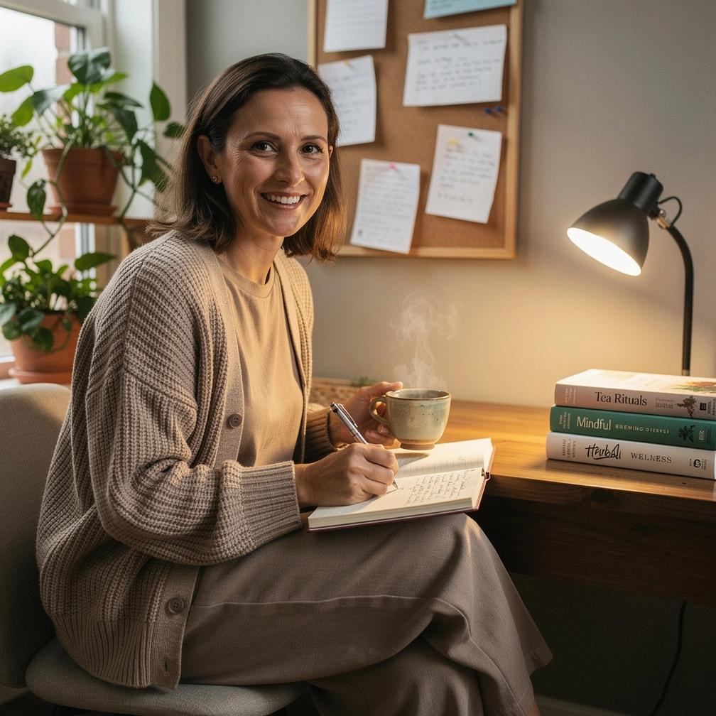 Švelni rytinė arbatos ritualo scena su uždegtomis žvakėmis ir minkšta pledų tekstūra fone.